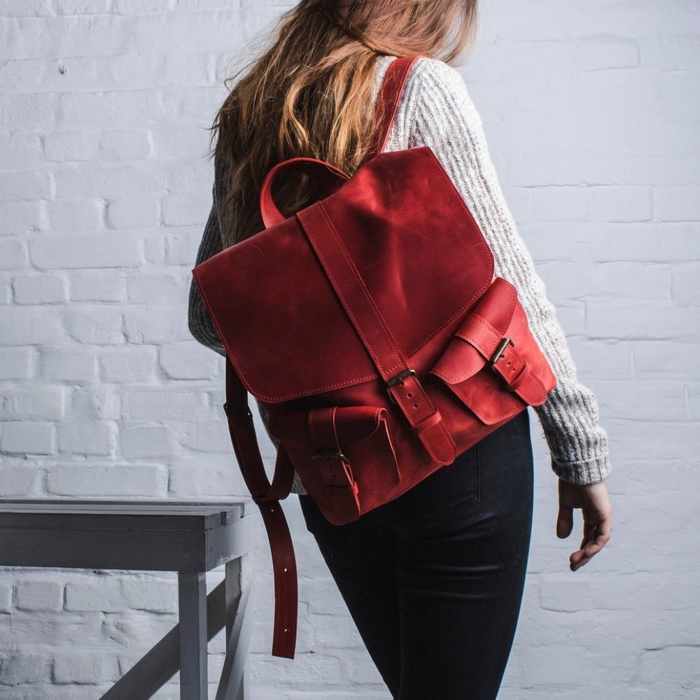 Handmade Red Distressed Leather Laptop Backpack